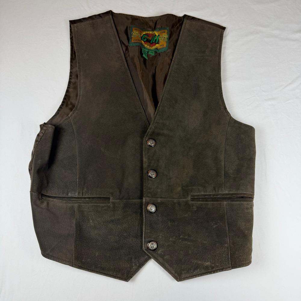 G-III Global Identity Mens Brown Suede Leather Vest Star Buttons Large